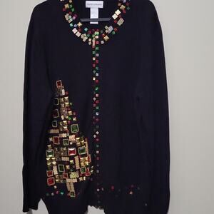 Drapers & Damons Christmas Tree Sweater‎ Sequin Jeweled Zip Cardigan Sz XL
